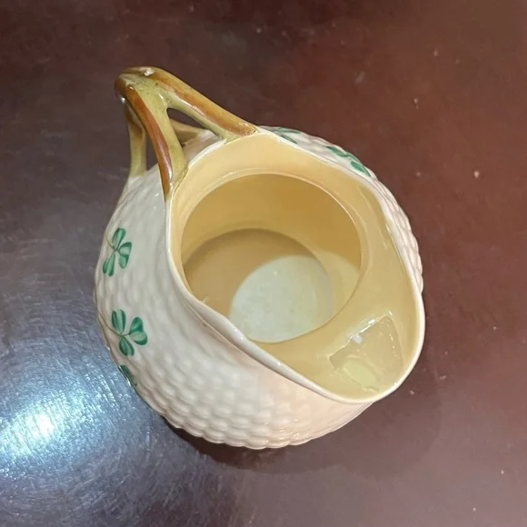 Vintage Belleek Shamrock creamer & sugar bowl set signed hand painted 4" & 3.5"